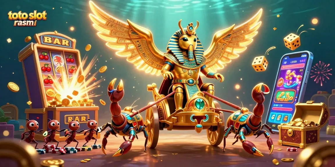 Engage with toto slot resmi featuring a dynamic 3D scene of slot machines, winning symbols, and vibrant characters.