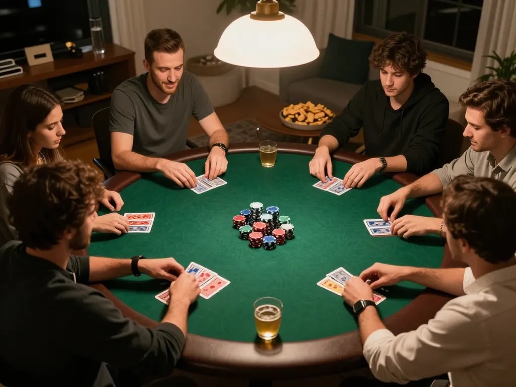 Engaging poker action at home showcasing non gamstop friendly gaming atmosphere with friends.