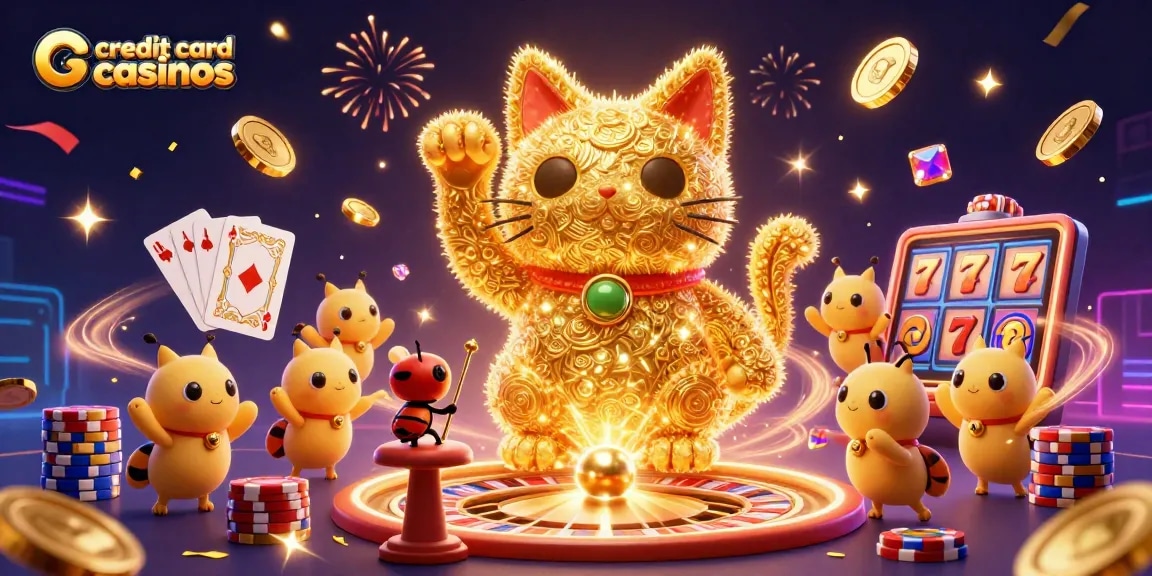 Experience the thrill of credit card casinos with a vibrant lucky cat and golden casino symbols.