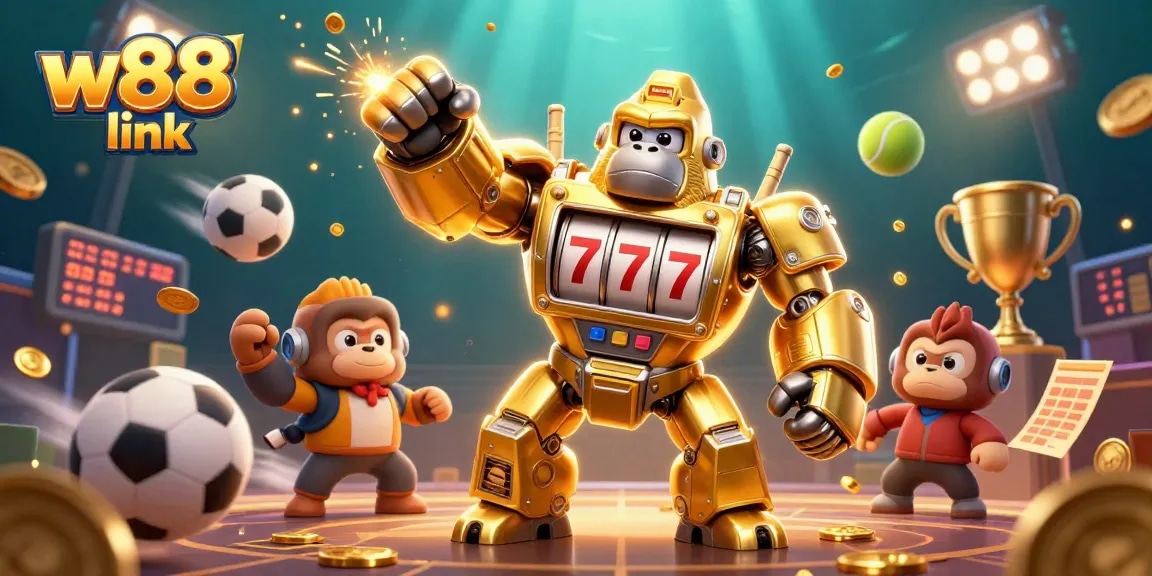 Engage with an exhilarating w88 link scene showcasing a golden gorilla mech amidst dynamic sports elements and coins.