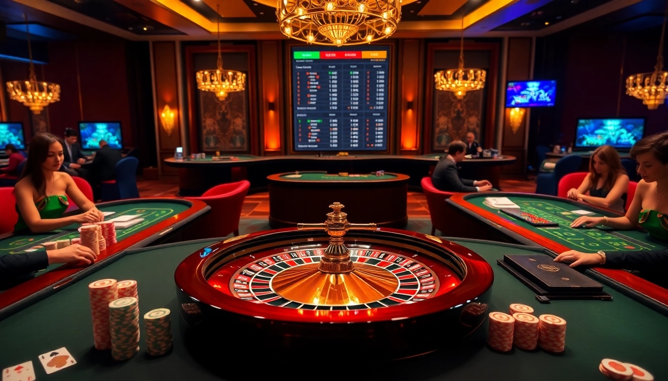 Engage in thrilling gameplay at https://du88i.com/, featuring vibrant casino tables and roulette wheels.
