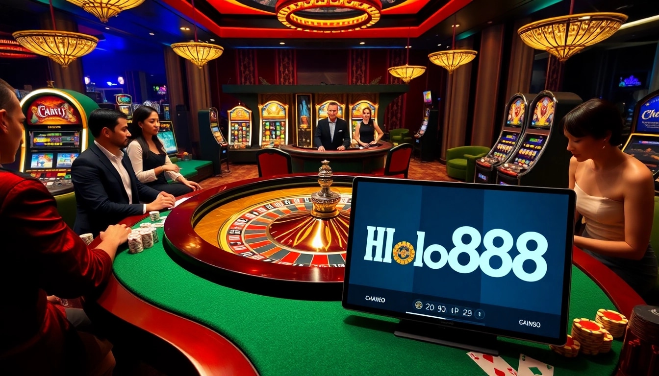 Experience the thrill of casino gaming with Helloo88 as players engage around a luxurious roulette table.