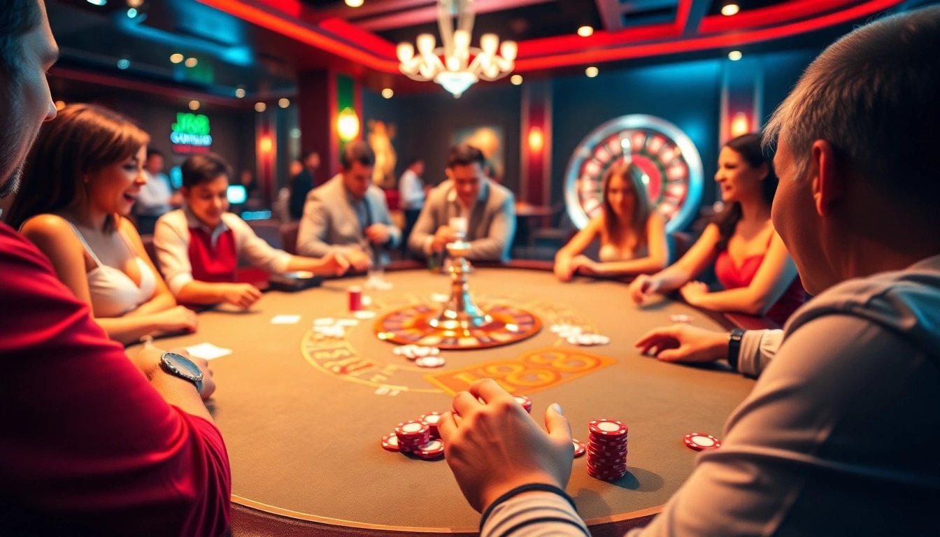 Experience the thrill of j88 gaming with vibrant poker action at a luxurious casino table.