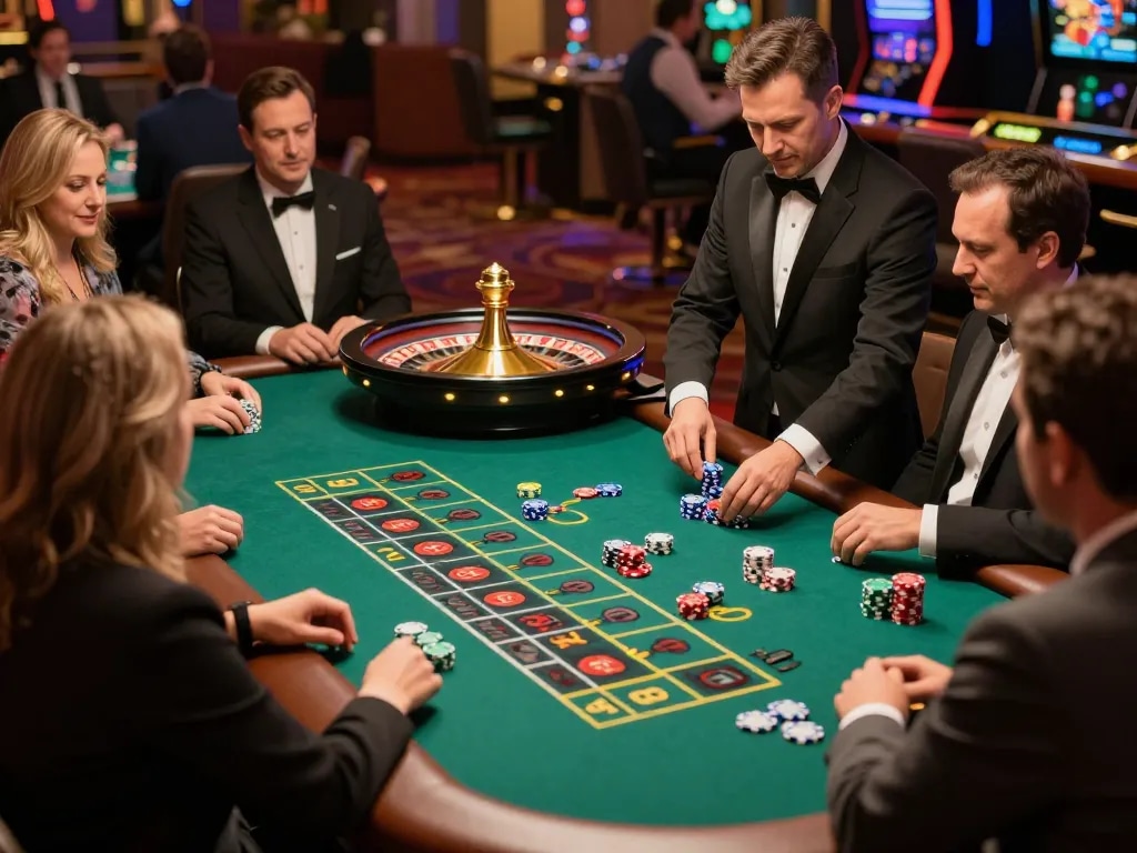 Engaging live casino gameplay at https://8k8.fan/ with players around a roulette table and a professional dealer.