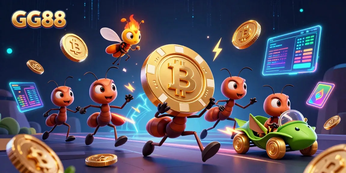 GG88 ants executing a heist with a golden poker chip in a vibrant casino setting, showcasing dynamic gaming elements.