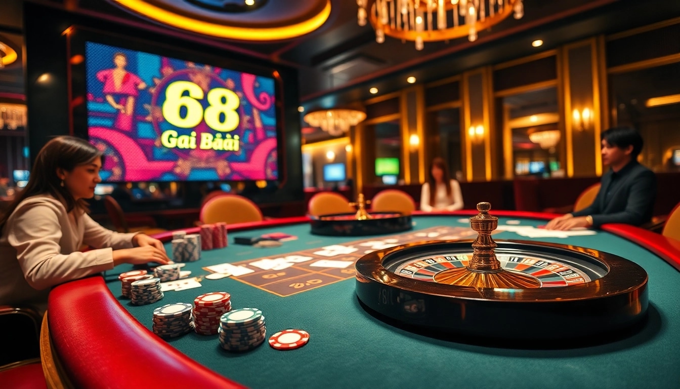 Engaging scene of players enjoying 68 game bài at a luxury casino table with poker chips and cards.