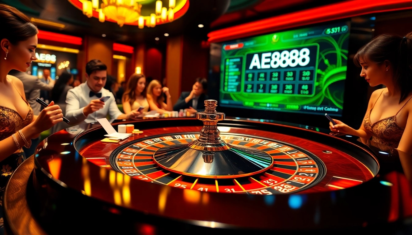 Players engaging with the AE888 roulette table in a vibrant casino atmosphere.