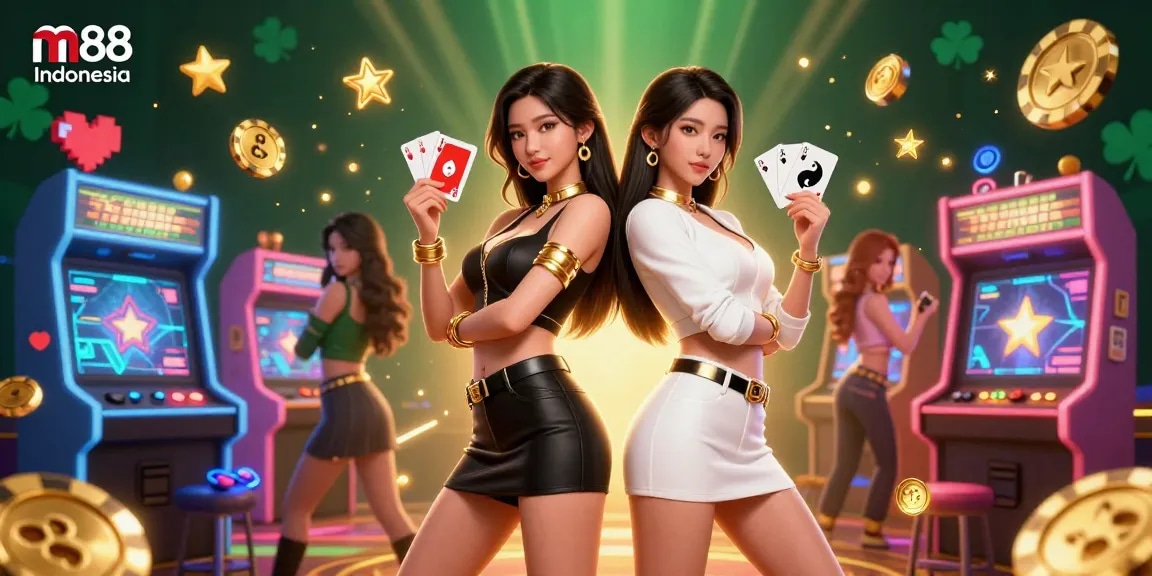 Rasakan petualangan gaming yang mendebarkan dengan m88 Indonesia, menampilkan karakter dinamis dan elemen kasino yang cerah.
