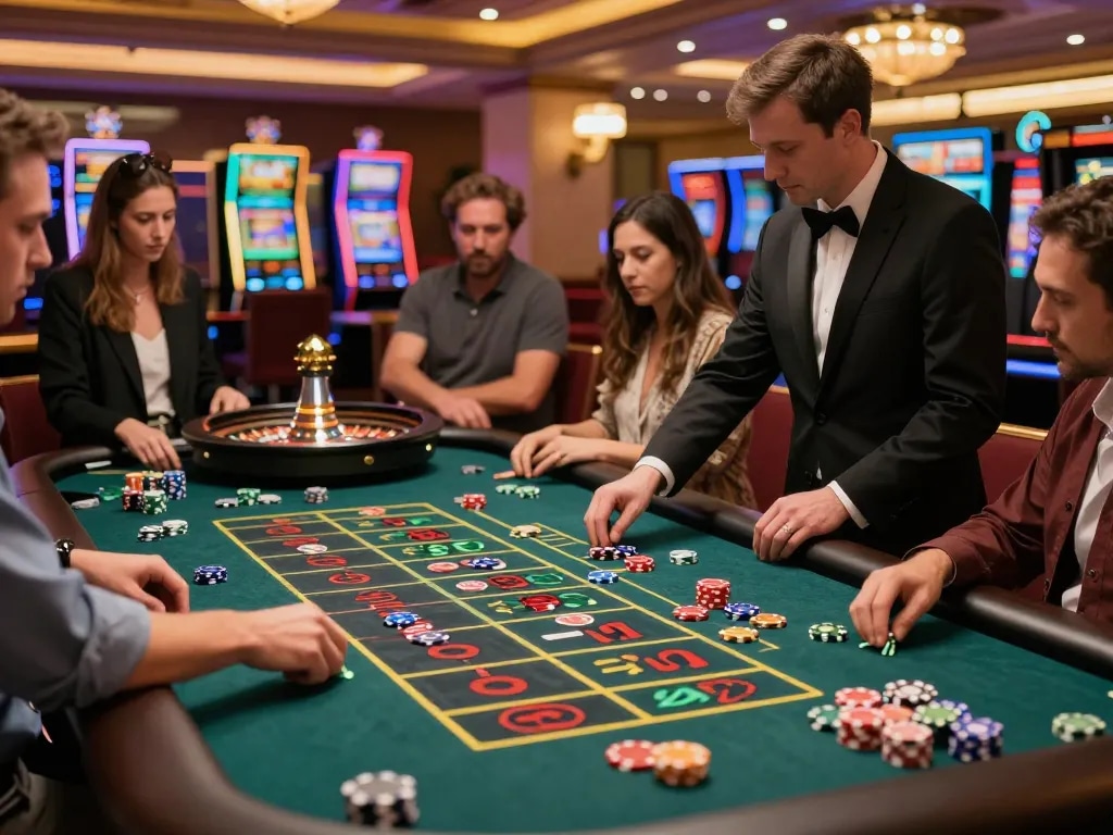KONG88 players excitedly placing bets on a roulette table at a bustling casino