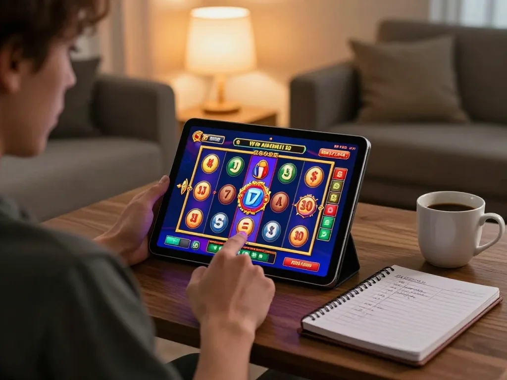 A player enjoys gaming on a tablet at home, engaging with situs slot gacor online for a thrilling experience.
