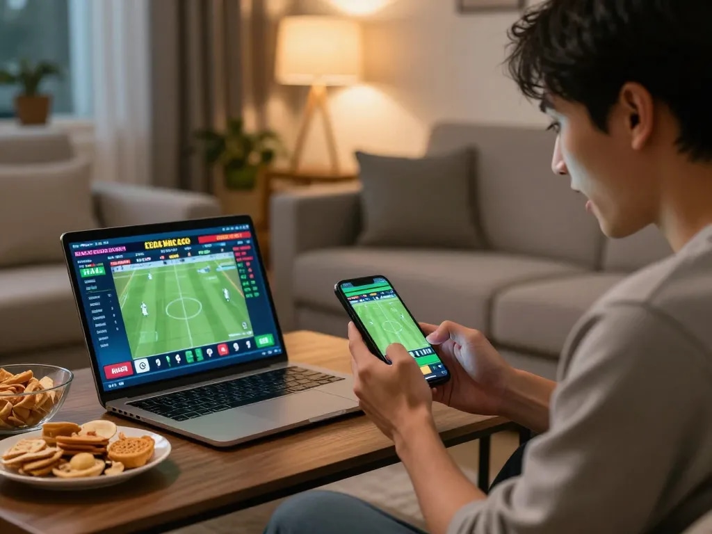 Kèo nhà cái 5 action scene with a player placing sports bets on a smartphone in a cozy living room