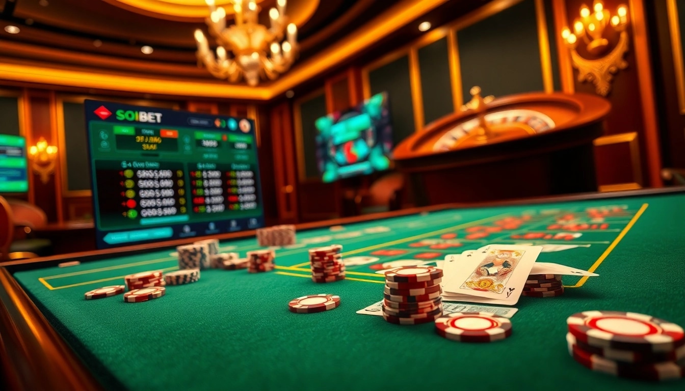 Exciting casino scene demonstrating SOIBET gameplay with poker chips, cards, and a spinning roulette wheel.