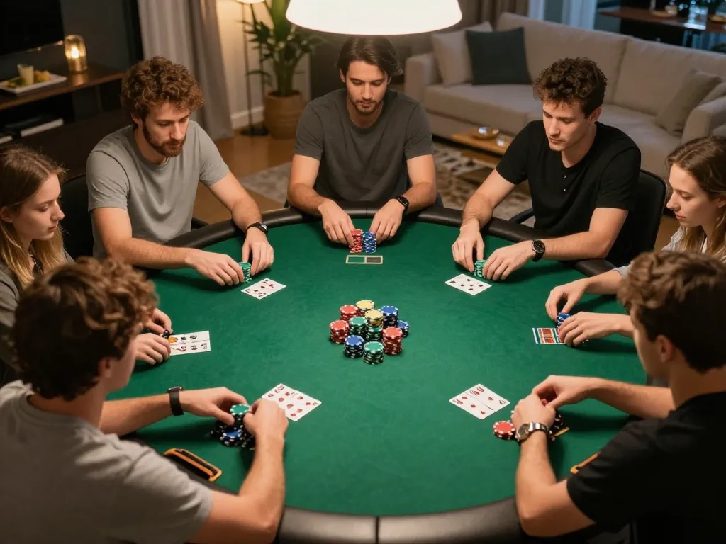 Pemain menganalisis strategi dengan dasi4d link alternatif di fokus, menikmati malam poker di rumah yang menarik dengan chip dan kartu.