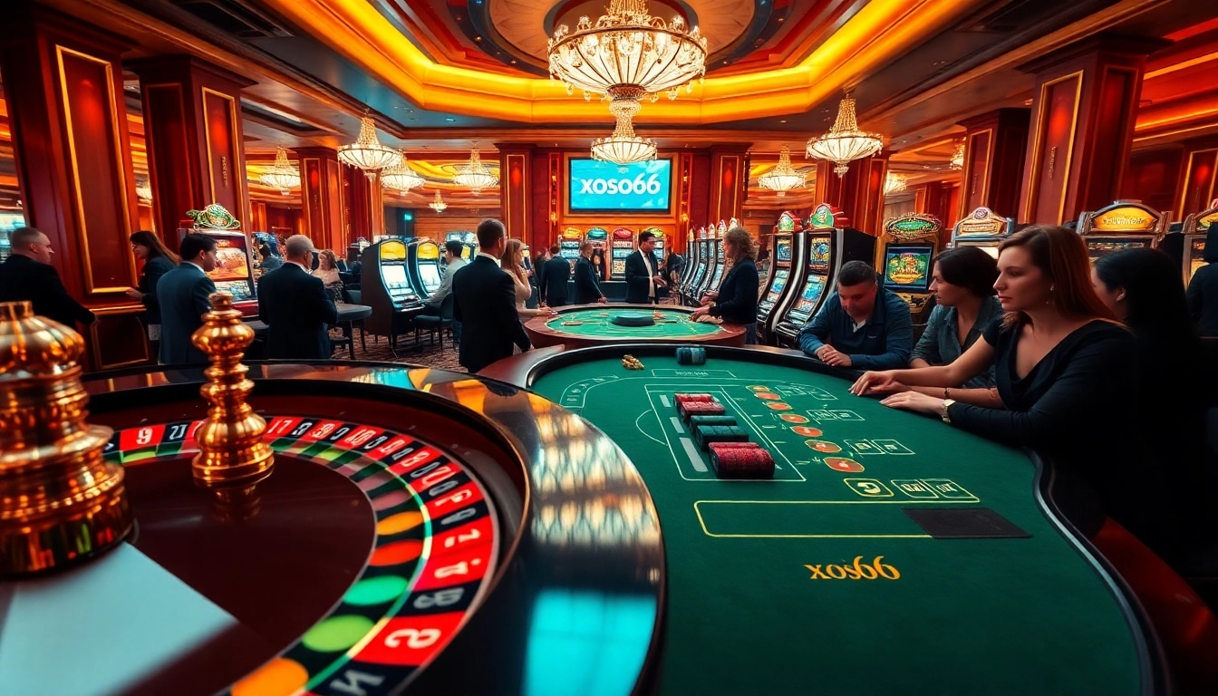 Xoso66 players experiencing the thrill of roulette and poker in a vibrant casino setting.