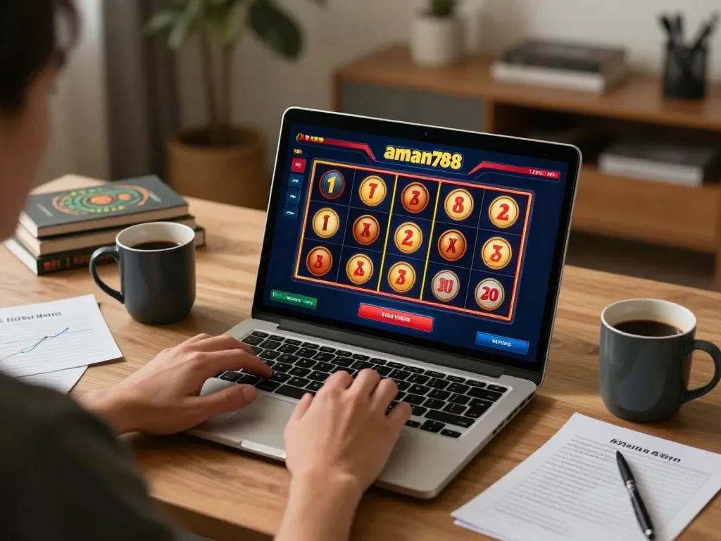 Seseorang yang berinteraksi dengan permainan slot online aman788 di laptop dalam ruang kerja rumah yang hangat dan mengundang.
