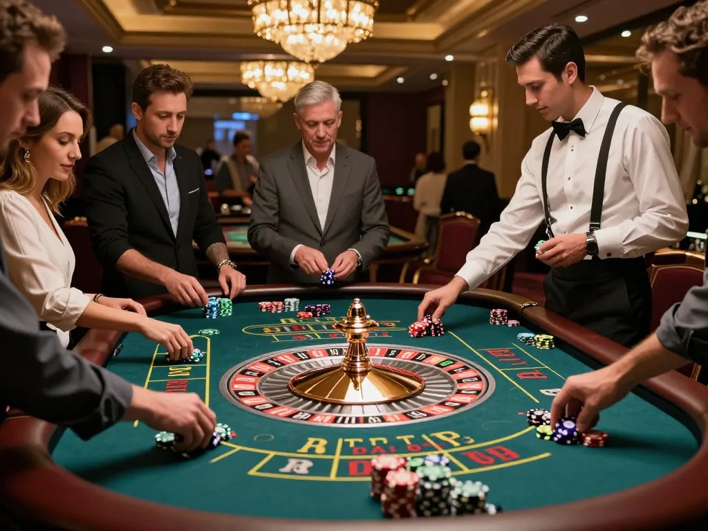 Sun win roulette players bet enthusiastically at a vibrant casino table amidst a luxurious setting.