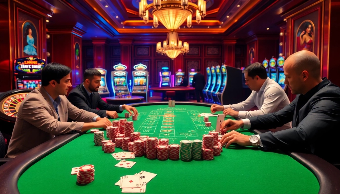 Winning poker game at a luxurious casino setup featuring https://68vip.one/ with vibrant chips and action-packed atmosphere.