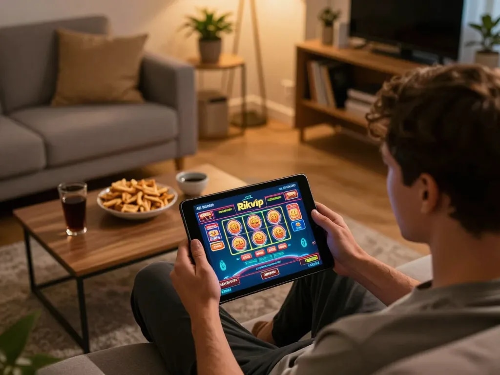 Engaged player at home using Rikvip for online casino gaming with cozy ambiance.