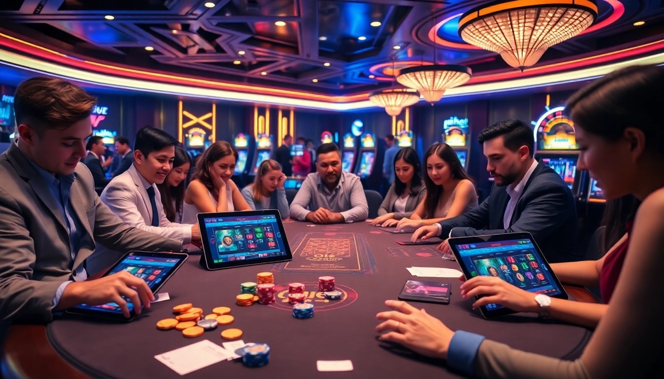 i9bet players enjoying a thrilling online gambling experience at a luxurious casino.