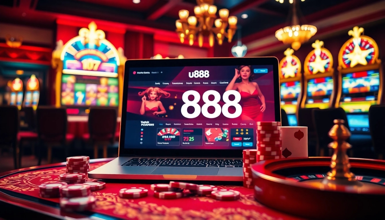 Betting excitement at u888 with poker chips, a roulette wheel, and slot machines.