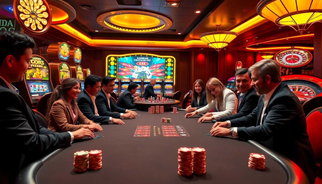 KJC casino scene showcasing players engaged in poker and vibrant slot machines.