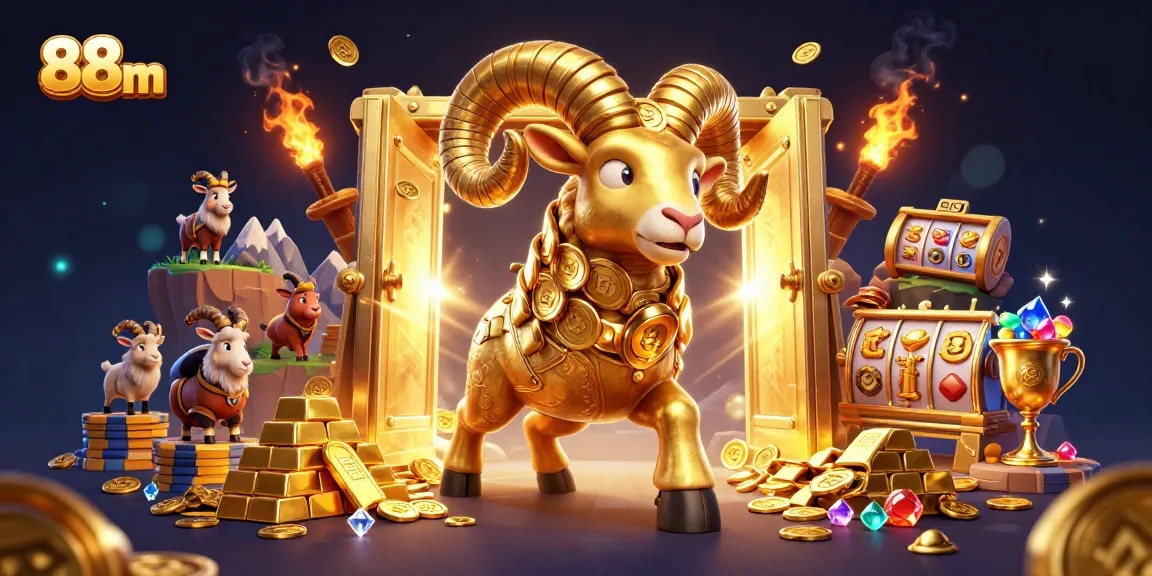 Experience exciting slots at 88m, with a golden ram and treasure elements bursting in a vibrant casino scene.