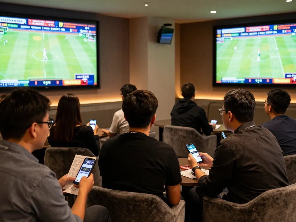 Fans engaging in live sports betting with the NET88 app, capturing excitement and interaction in a vibrant lounge