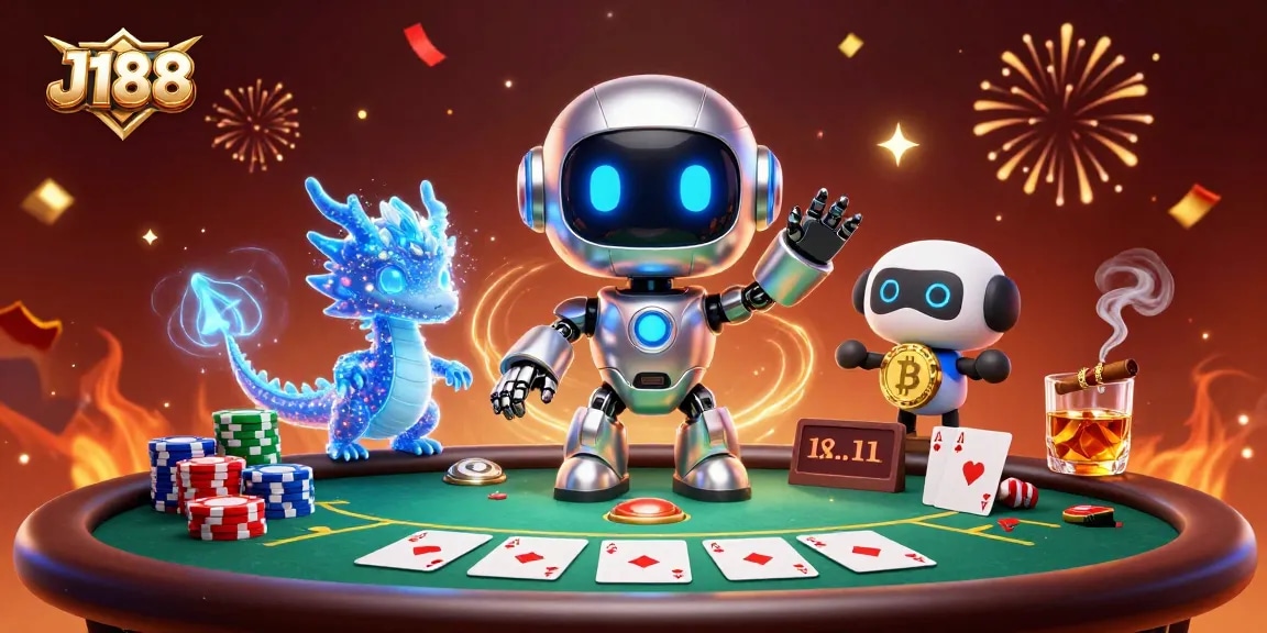 Experience thrilling gaming at J188 with a vibrant 3D casino illustration of poker action.