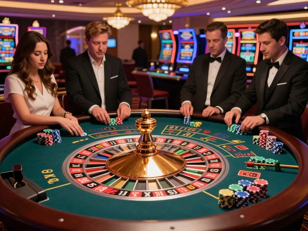 SX88 players engaging in a thrilling roulette game, vibrant chips highlighting the spinning wheel's action.