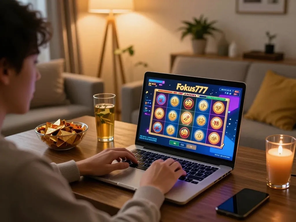Enjoying a thrilling session of Fokus777 online slots while relaxing at home with snacks.