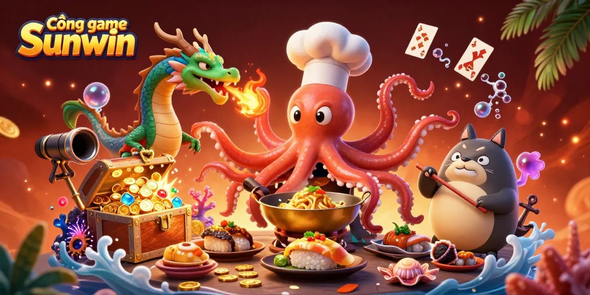 Cổng game Sunwin features a 3D cartoon octopus chef and dragon amidst explosive treasures and vibrant gaming elements.