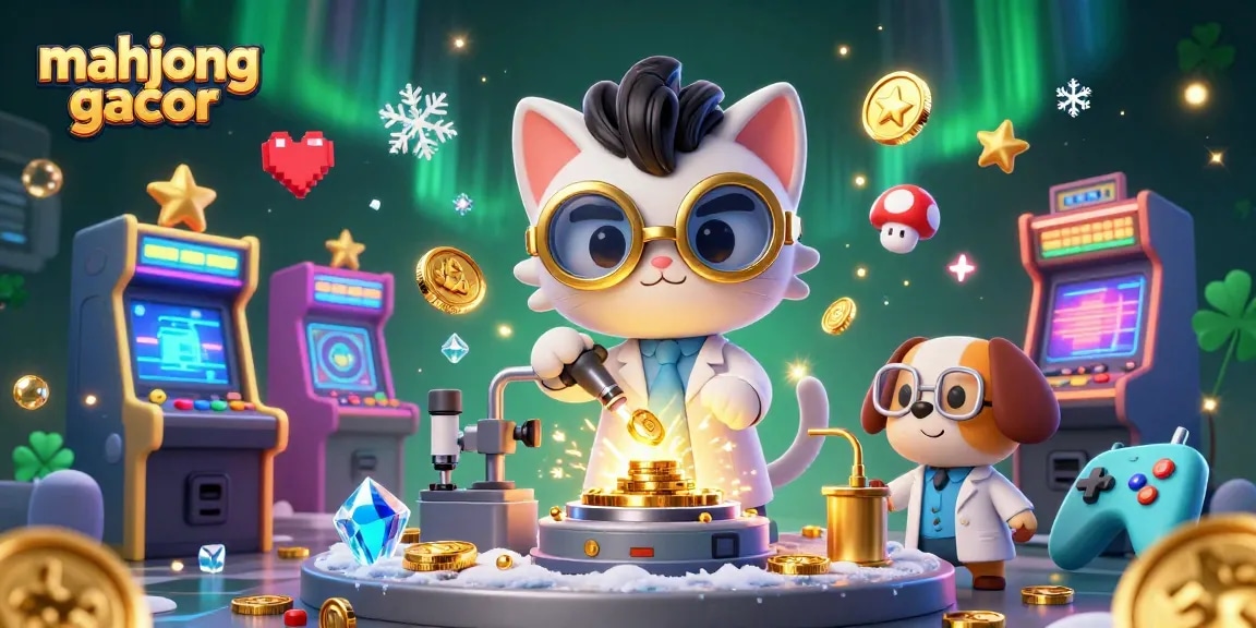 Engage with mahjong gacor in a vibrant, dynamic casino scene featuring a mad scientist cat and dog assistant.