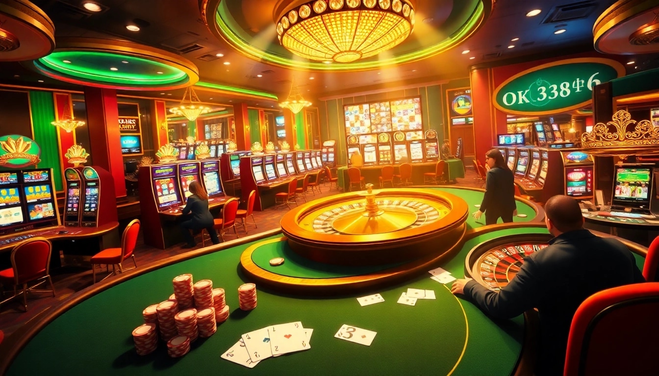 Exciting gaming atmosphere showcasing https://ok8386n.com/ with players at a poker table, vibrant slot machines, and a roulette wheel.