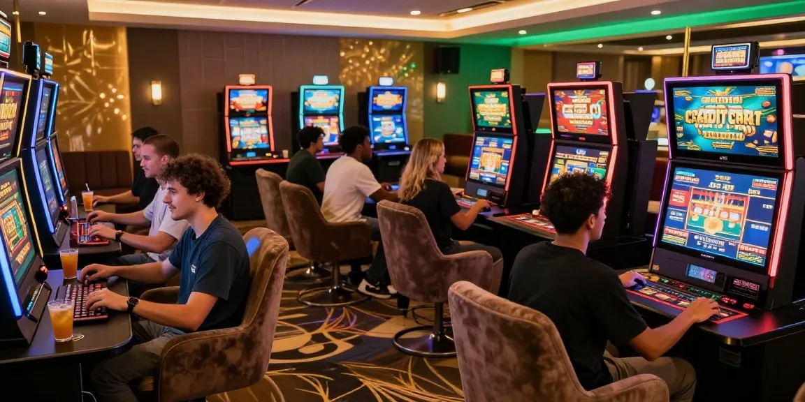 Exciting gaming atmosphere at credit card casinos featuring players engaged in various games, highlighted by vibrant decor, promoting being-there.org.uk.