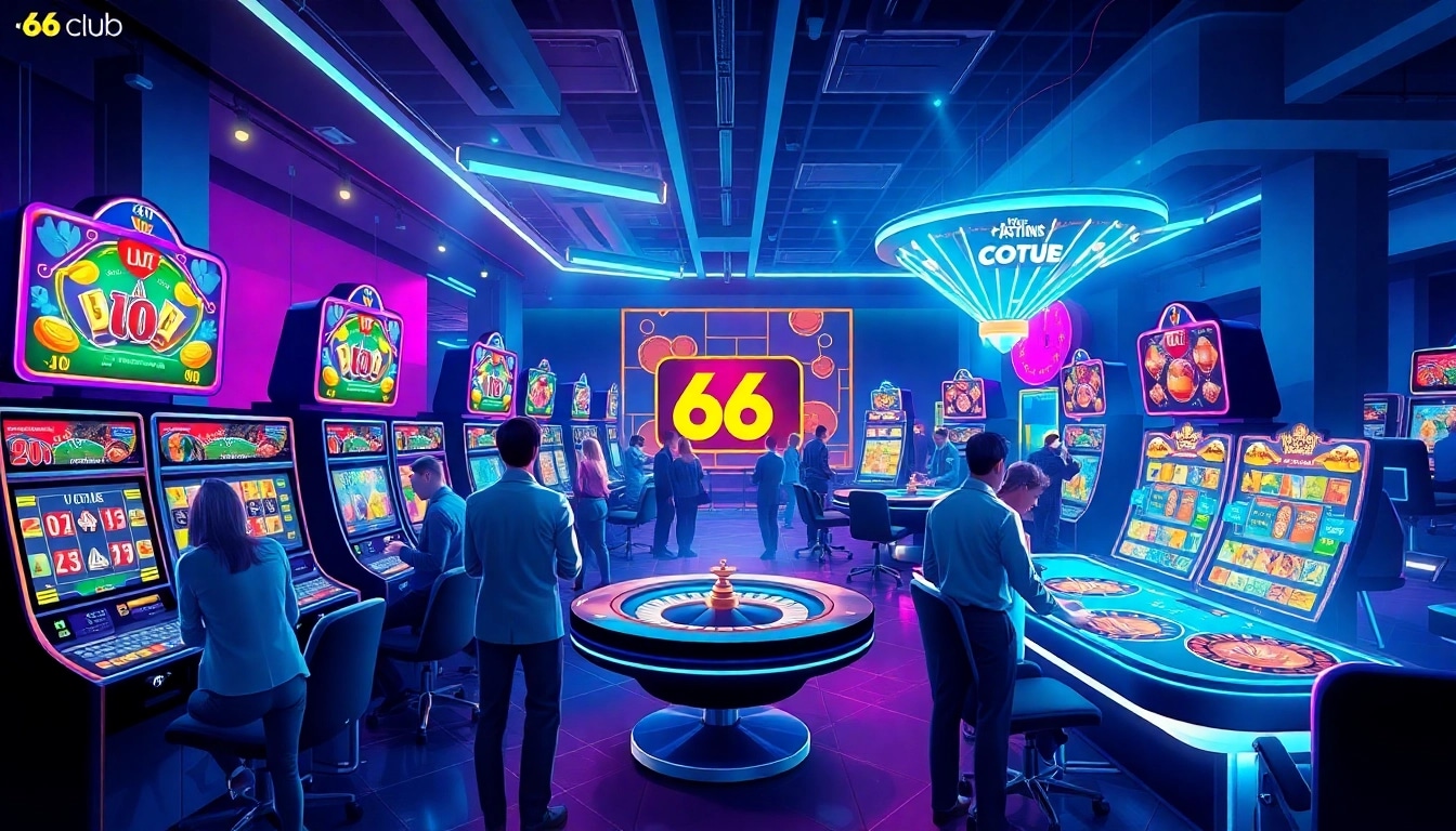 Exciting online gaming experience at 66 club showcasing vibrant slot machines and live dealers.
