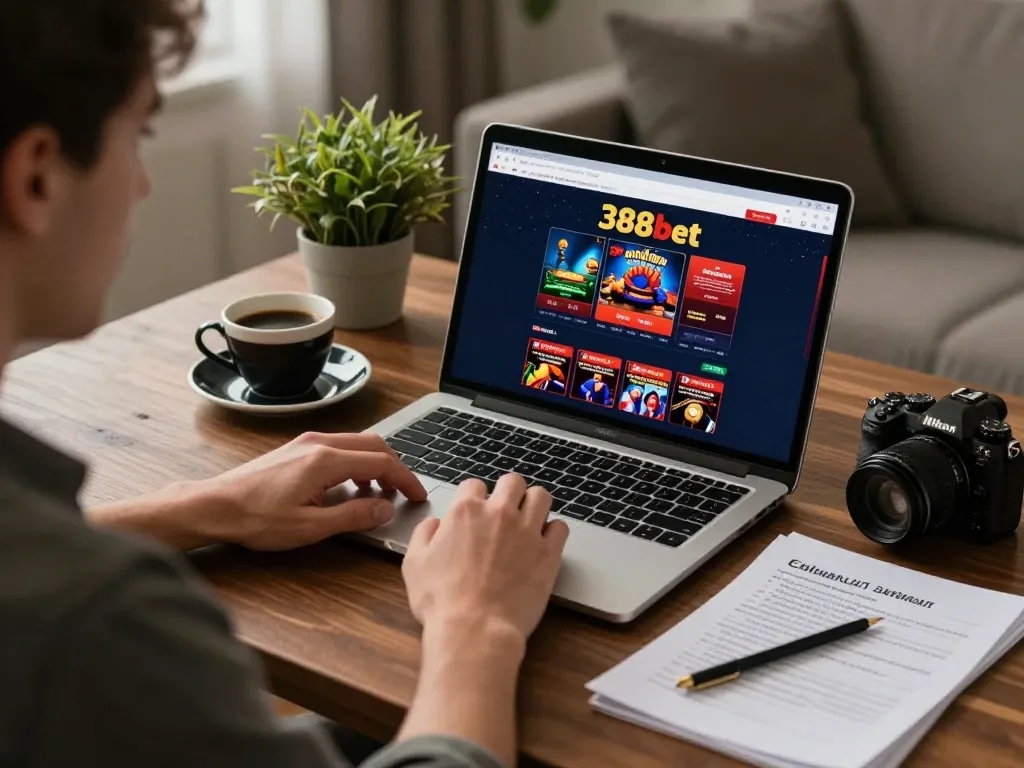 Engaging online gaming moment on 388bet where a player uses their laptop with bankroll tracking notes visible.