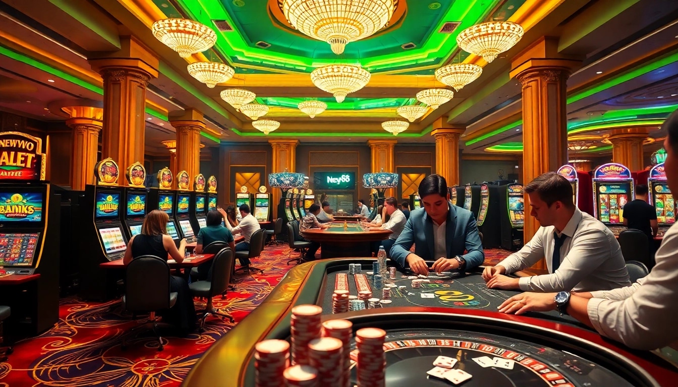 New88 players enjoying a thrilling game of poker at a luxurious casino.