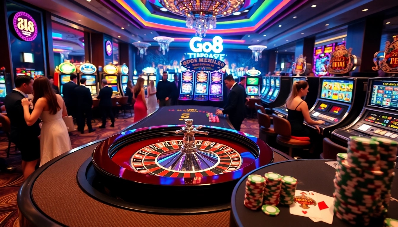 Engage in thrilling games at Go8's luxurious casino with vibrant tables and excited players.