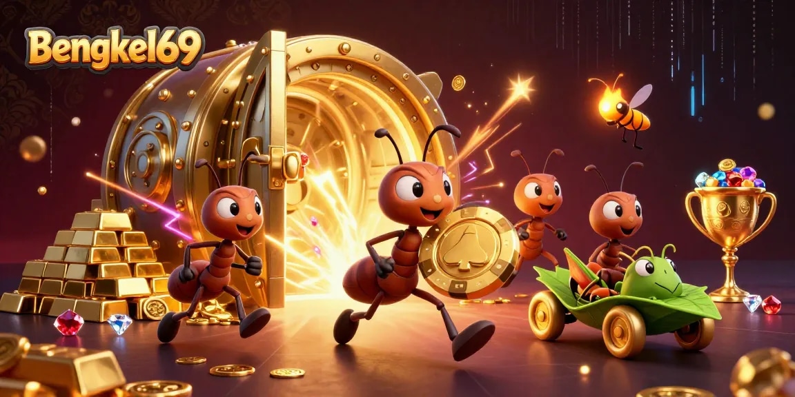 Bengkel69 ants executing a heist for a giant poker chip amid dazzling casino treasures.