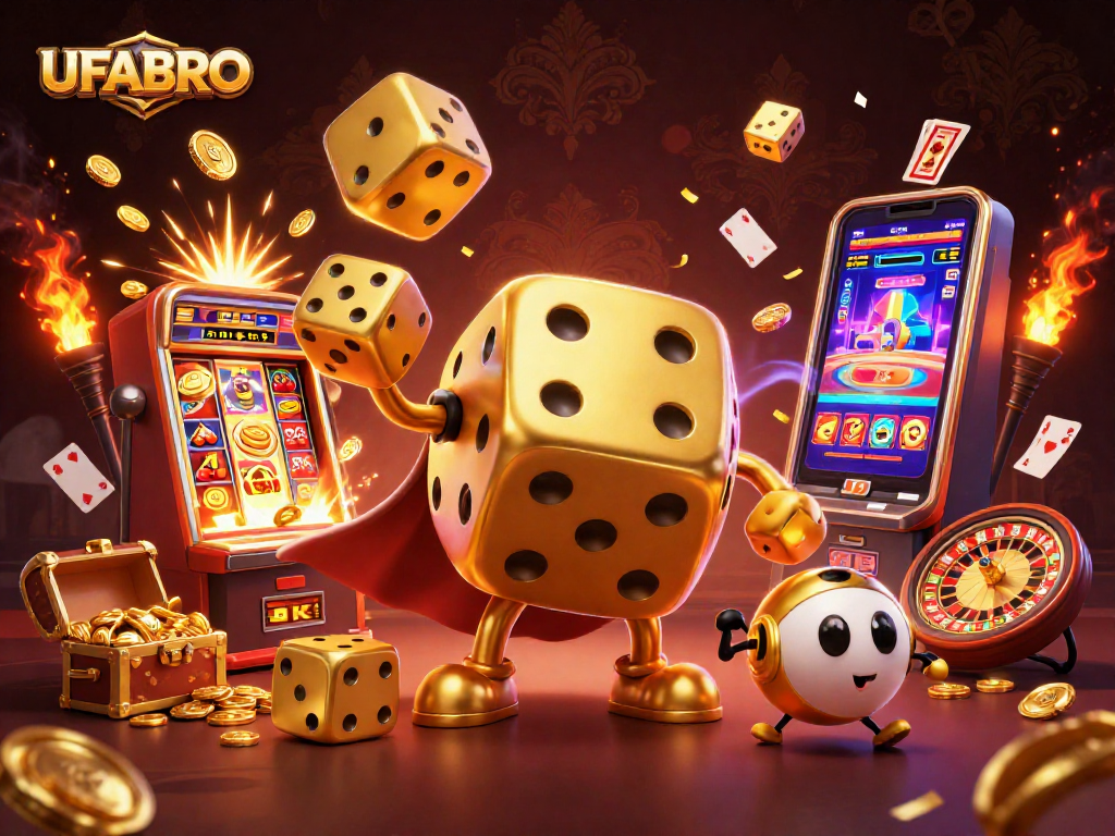 UFABRO presents an engaging casino scene with golden dice, slot machines, and vibrant game elements.
