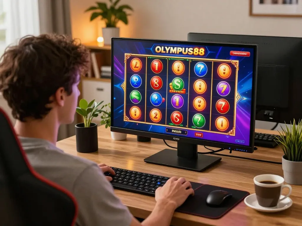 Player engaging with OLYMPUS88 slot game interface, colorful reels spinning for a big win