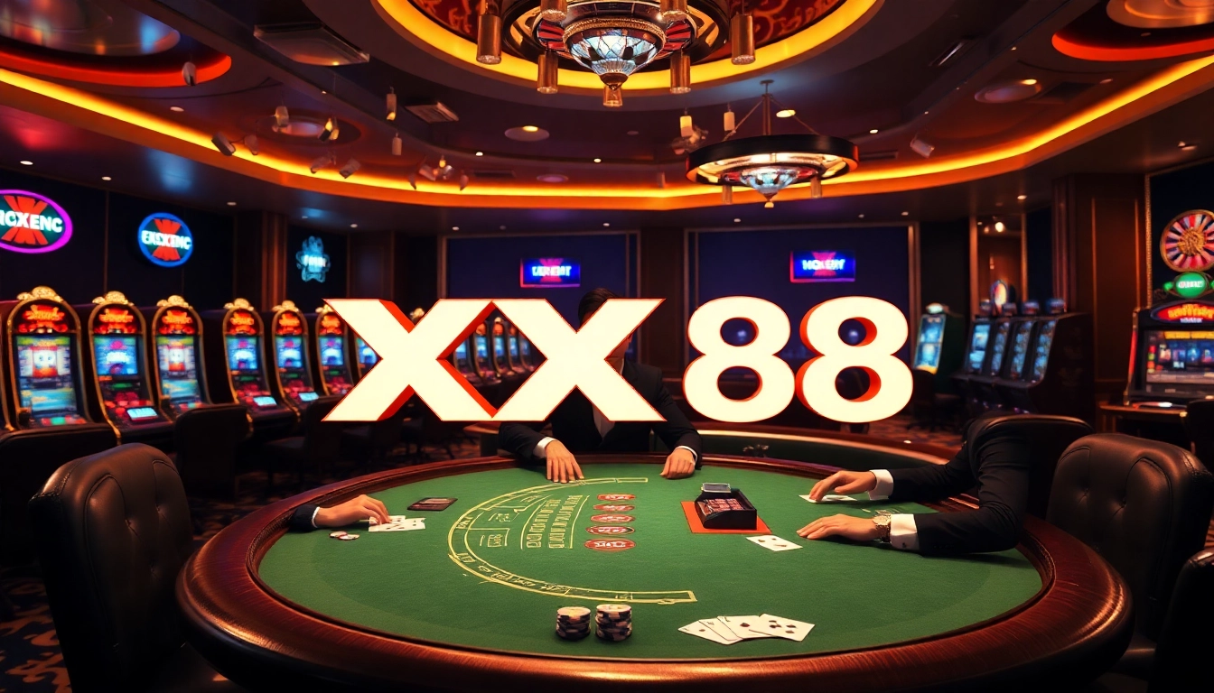 Experience thrilling gameplay at XX88 with exciting casino tables and vibrant poker chips.