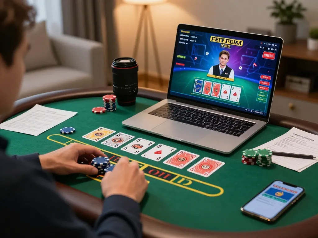 Pemain menganalisis kartu dalam permainan blackjack online RANDOM88, antarmuka yang hidup ditampilkan.