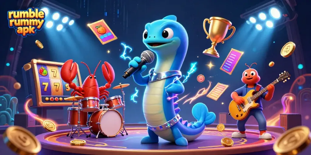 Play thrilling games with the Rumble Rummy APK in an electric underwater casino scene.