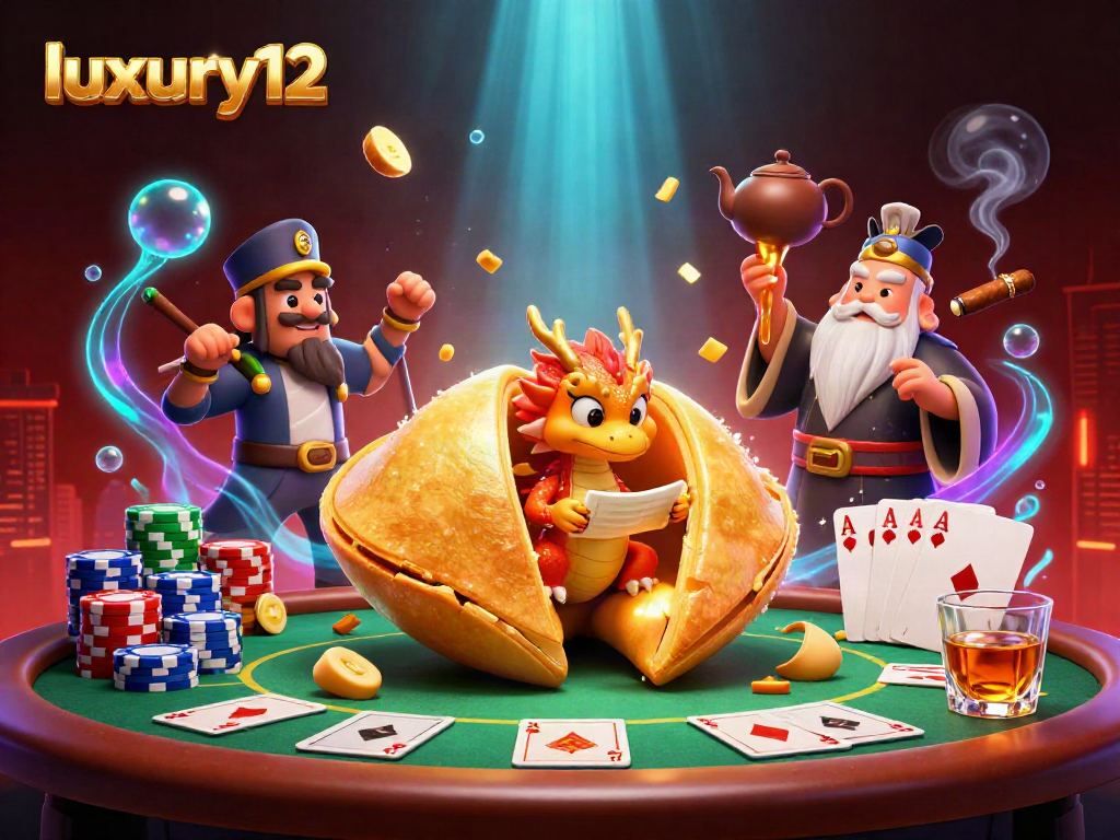 Gambarkan momen menarik dengan luxury12 saat memainkan kartu poker dalam ilustrasi 3D yang penuh warna dan detail.
