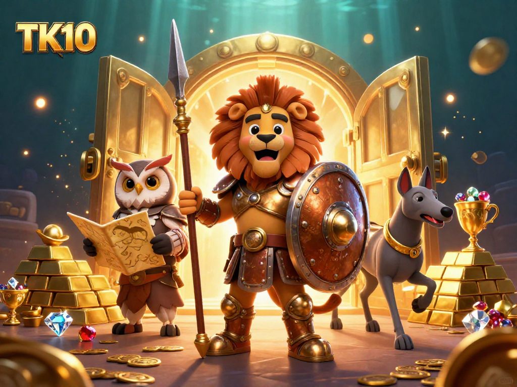 Experience winning strategies at TK10 with a dynamic gambling scene featuring treasure and casino elements.