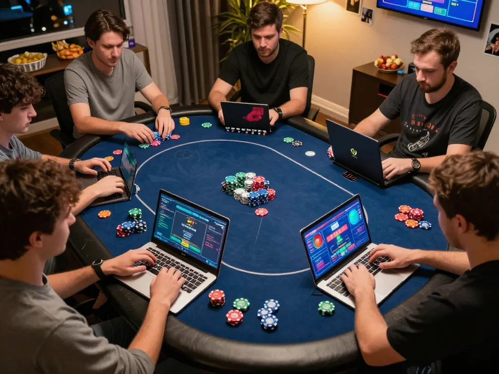 TG88 poker players strategizing in an online tournament, colorful chips displayed.