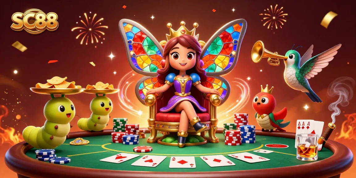 Engaging SC88 gaming scene with a butterfly queen amidst a vibrant poker atmosphere.