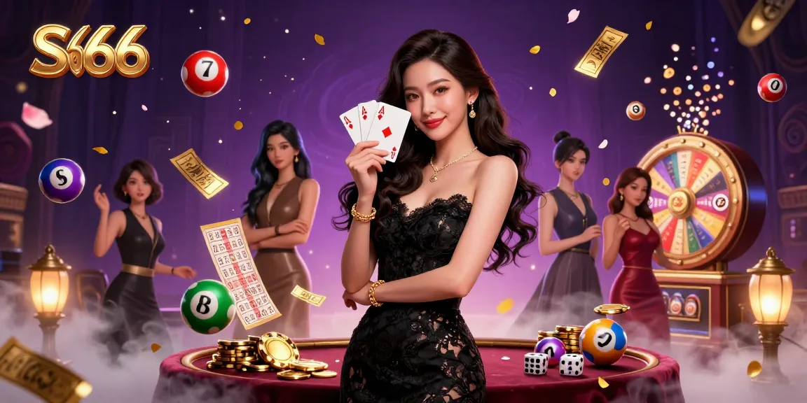 S666 casino experience illustrated by an elegant woman holding playing cards amidst vibrant lottery elements.
