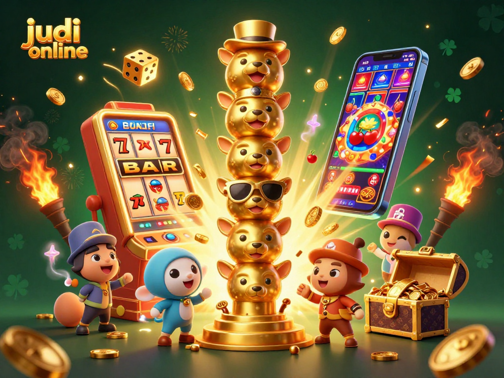 Engaging depiction of judi online themed 3D slot machine bursting with coins and vibrant casino elements.